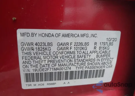 2021 Acura Ilx из США, поврежденный, VIN 19UDE2F71MA001274